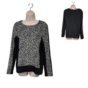 ANN TAYLOR Black & White Cheetah Animal Print Long Sleeve Stretch Sweater Size M